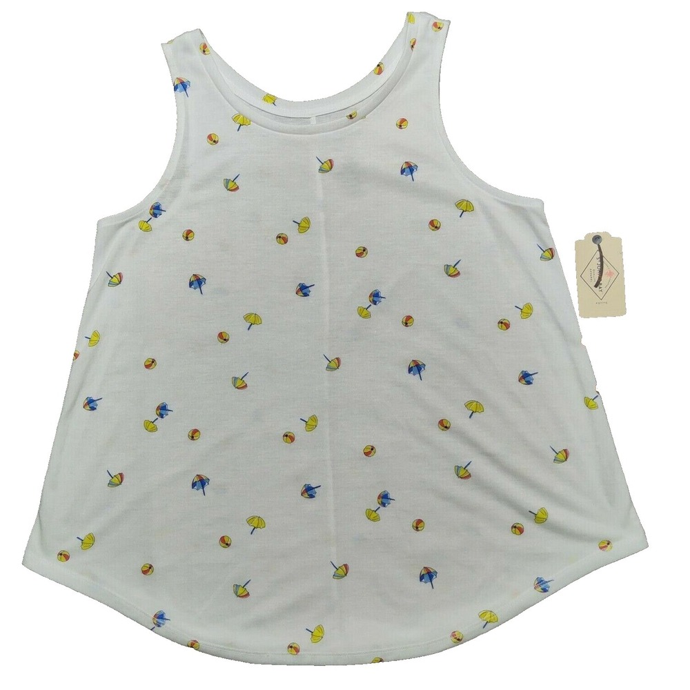 St Johns Bay Petite Small A La Playa Beach Balls & Umbrellas Print Tank Top NEW